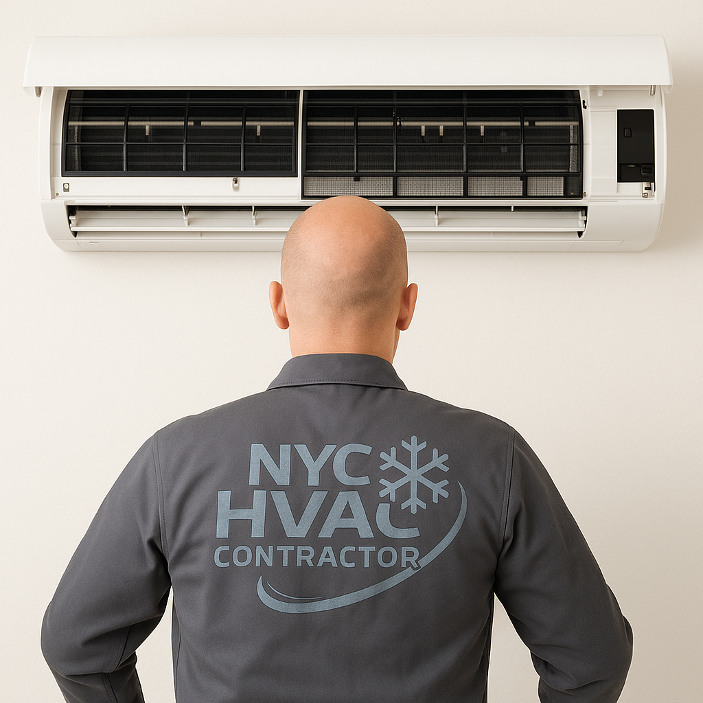 HVAC technician cleaning a wall-mounted air conditioner filter while wearing a gray uniform with the NYC HVAC Contractor logo, standing against a clean shoji white wall.
