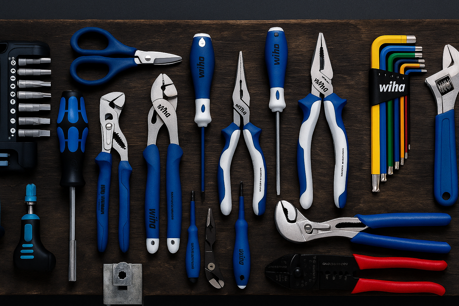 Authentic HVAC technician tool layout on a dark gray surface, featuring pliers, screwdrivers, hex keys, and a ratchet set with blue and white handles. Ideal for heating and cooling repair, AC installation, and HVAC maintenance in New York City. Real tools used by NYC HVAC Contractor professionals.