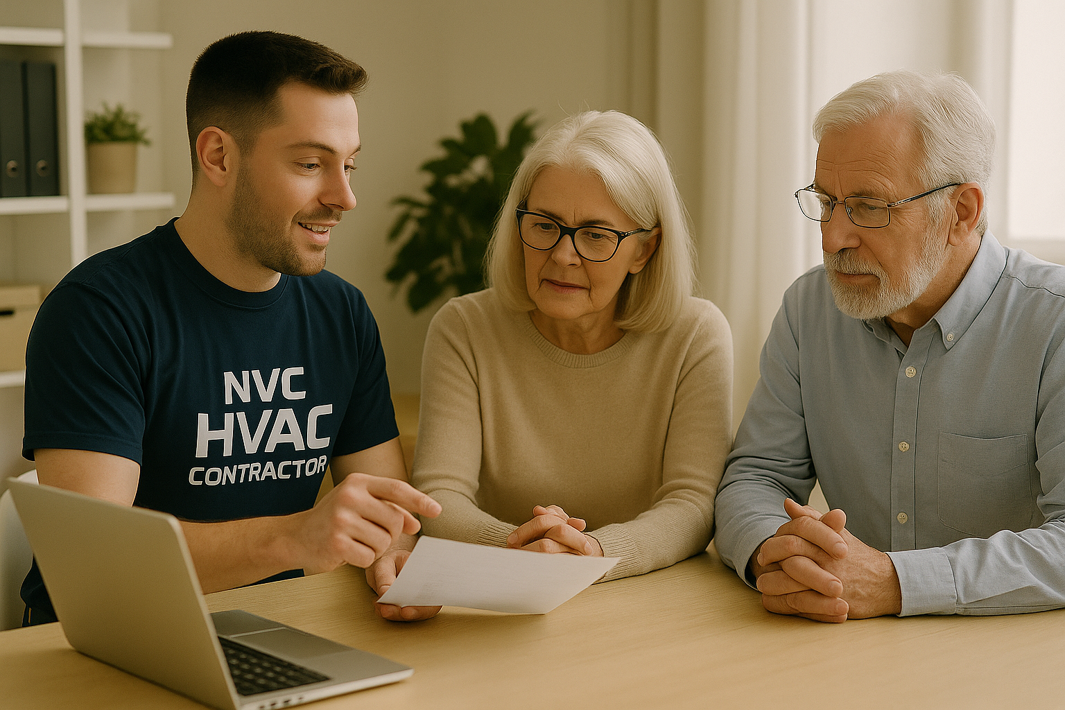 NYC HVAC Contractor providing a consultation session to an elderly white couple in a bright office setting — discussing HVAC system options with professionalism, care, and personal attention.