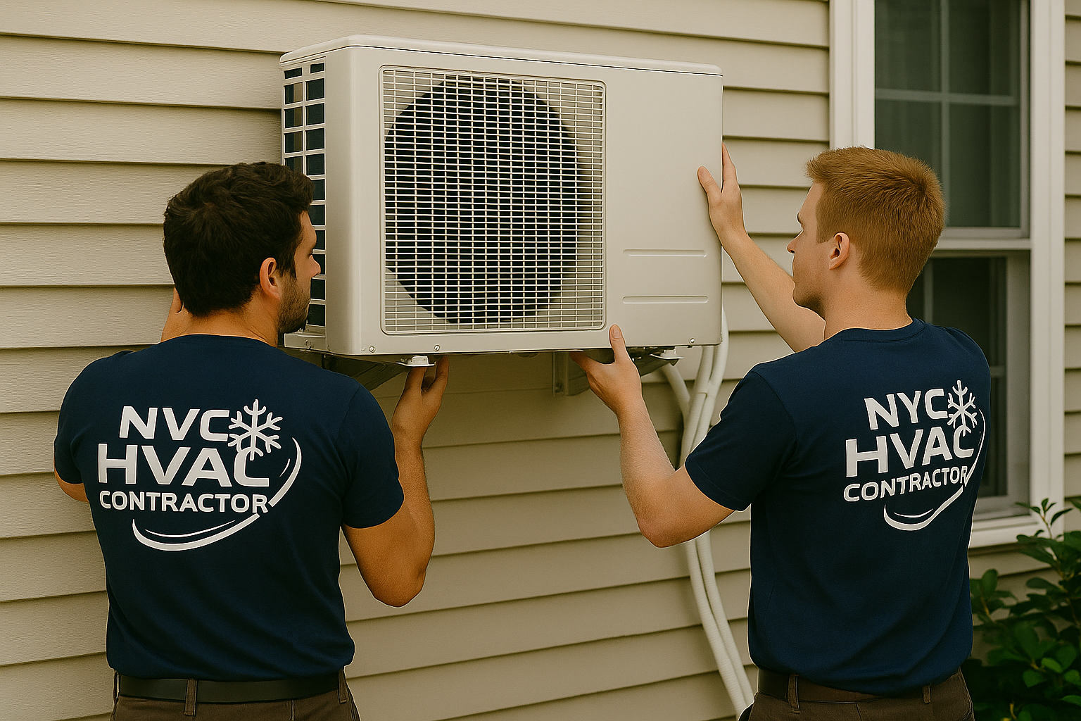 Two NYC HVAC Contractor technicians installing a wall-mounted air conditioning unit on a residential home exterior — expert HVAC service, energy-efficient cooling solutions in New York.