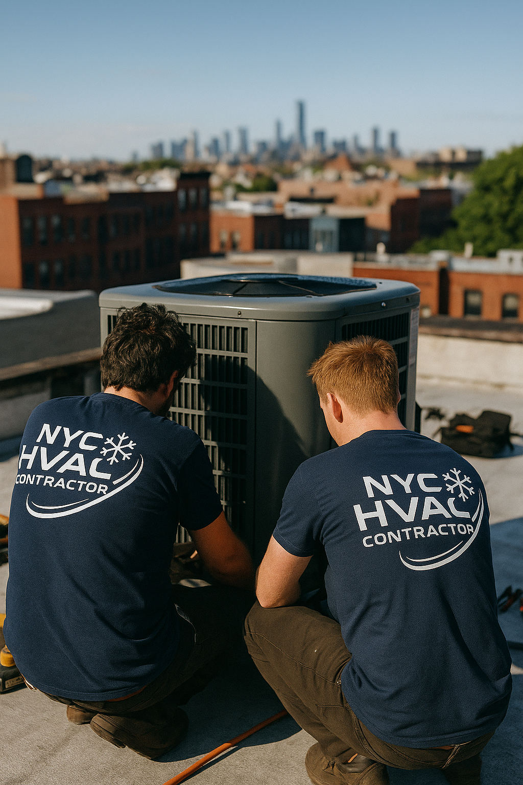 Two HVAC technicians from NYC HVAC Contractor install an air conditioning unit on a Brooklyn rooftop, with the Manhattan skyline in the background. Both workers wear branded navy shirts with the company logo.