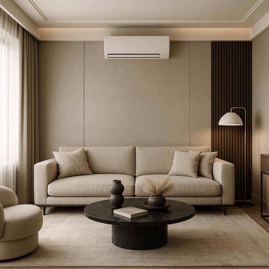 Modern luxury living room with wall-mounted air conditioner, showcasing a professionally installed ductless mini-split system in a clean, elegant interior.